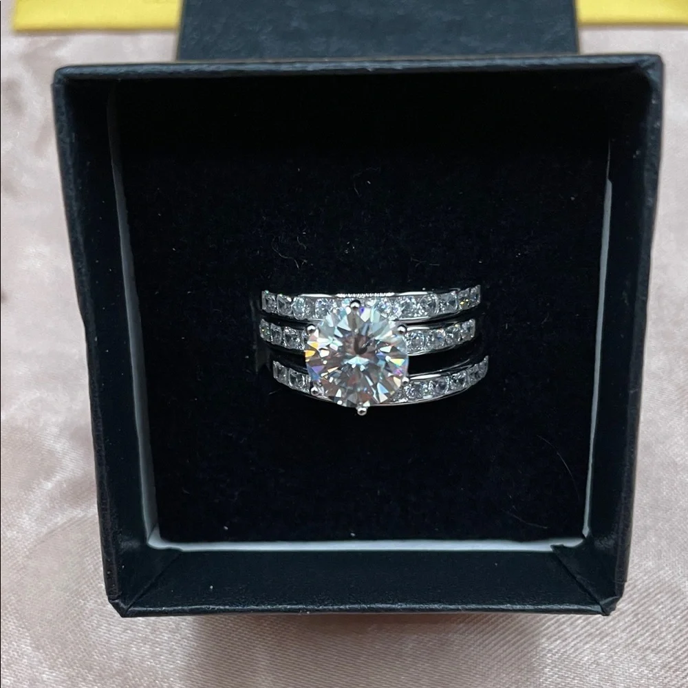 Moissanite Sterling Silver Triple Band Engagement Wedding Set 2 Carat Size 7
